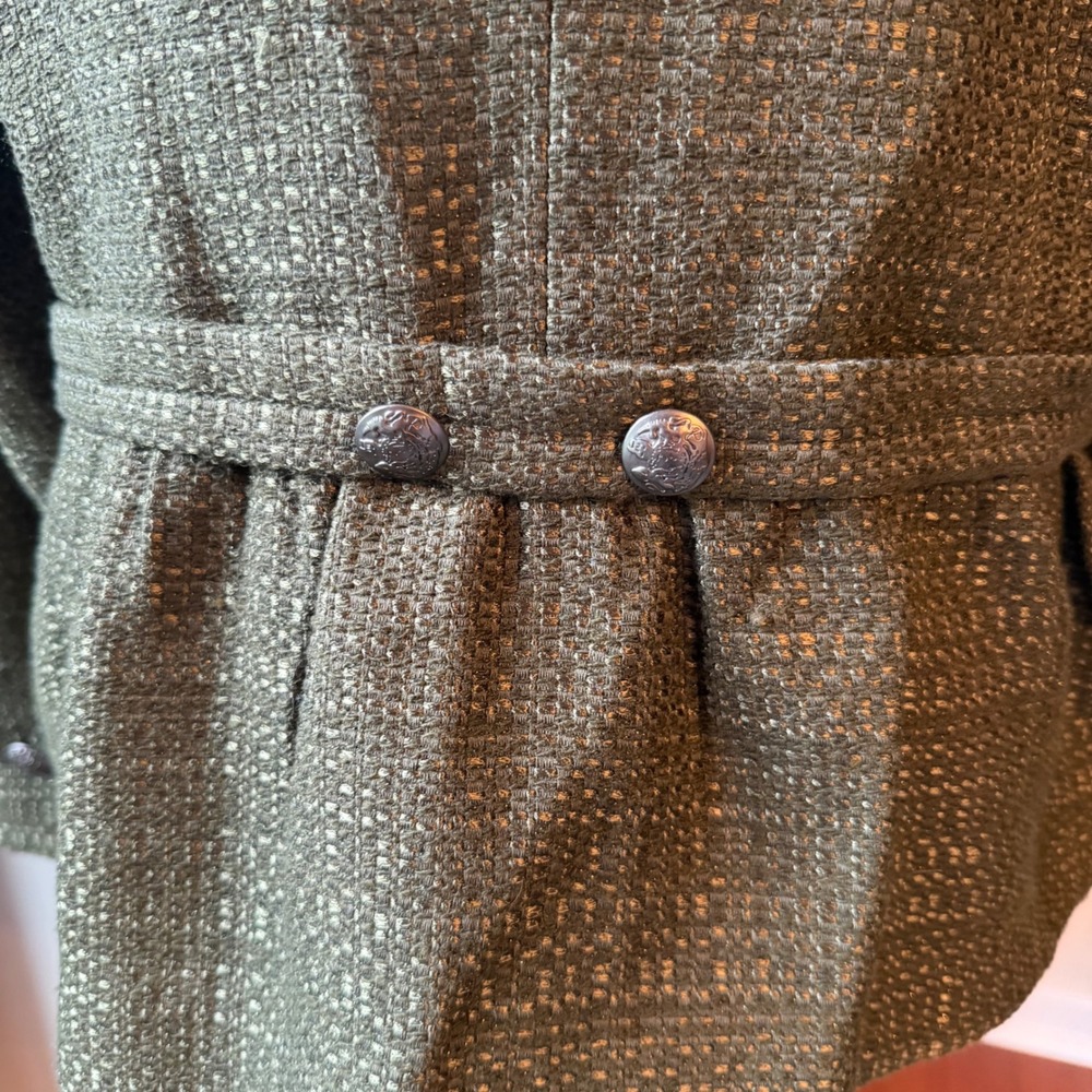 Coldwater Creek Blazer Women 10 Olive Green Tweed Peplum Crest Button Jacket - Picture 7 of 13